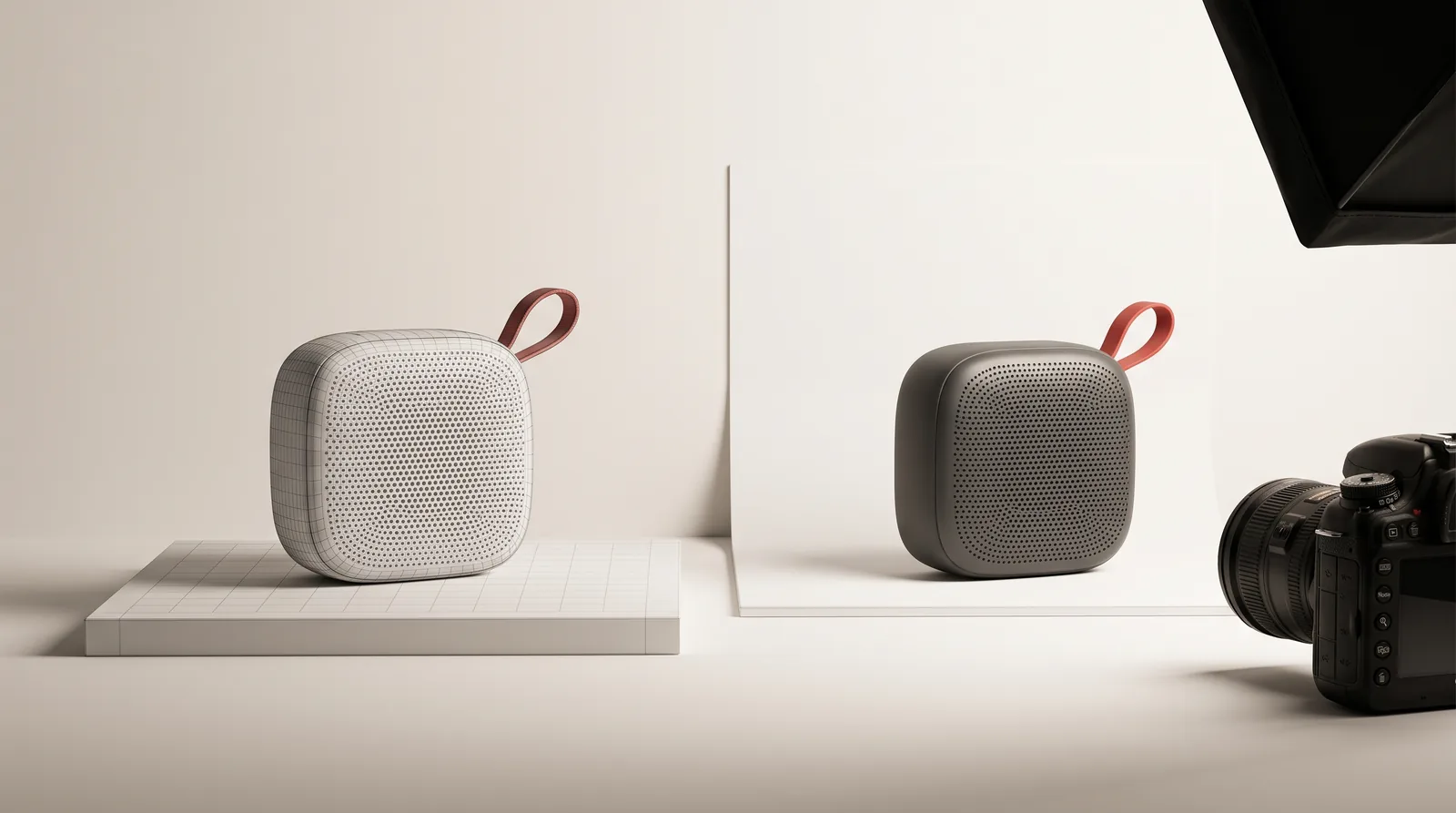 A portable speaker shown as a wireframe model beside a materialized version in a photography setup.