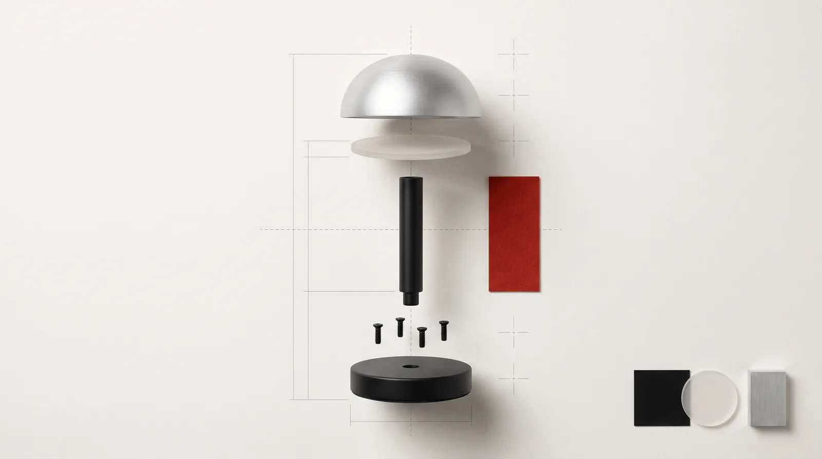 An exploded lamp study with separate shade, diffuser, stem and base, alongside material samples.