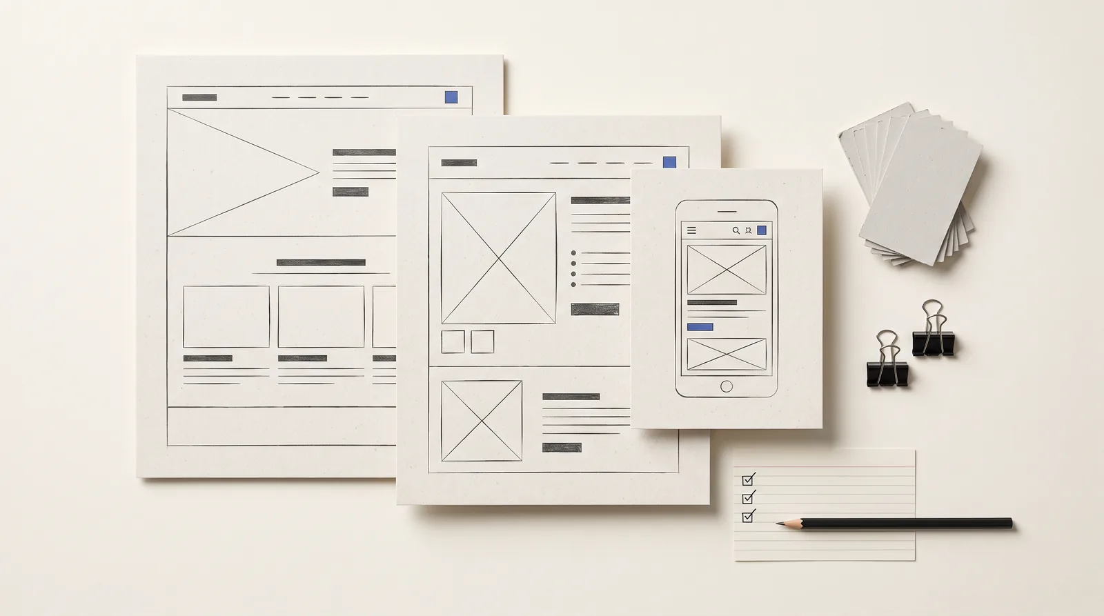 Wireframes de escritorio y móvil sobre papel, con una lista de tareas para definir el alcance de una web.
