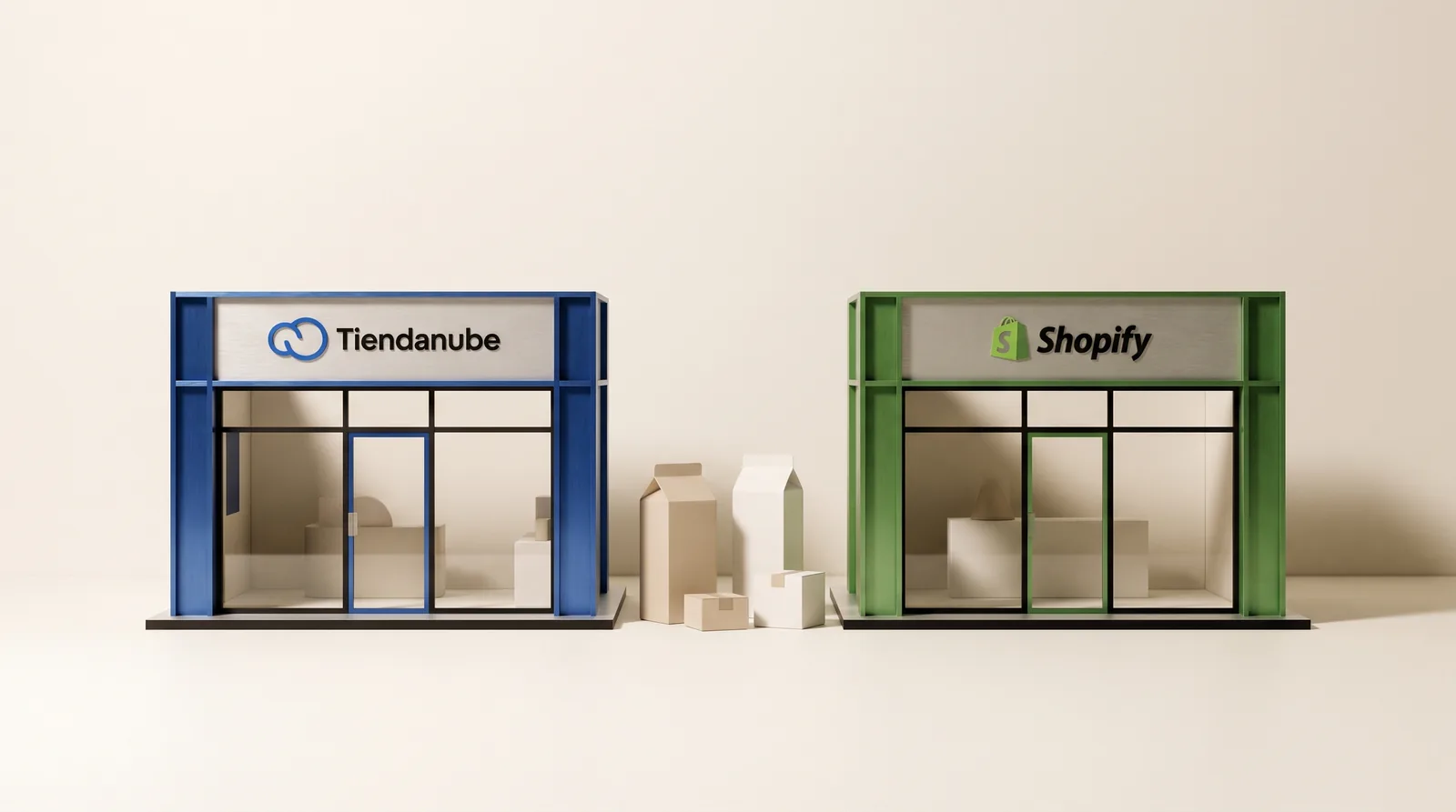 Dos tiendas en miniatura, una azul de Tiendanube y otra verde de Shopify, junto a cajas de productos.