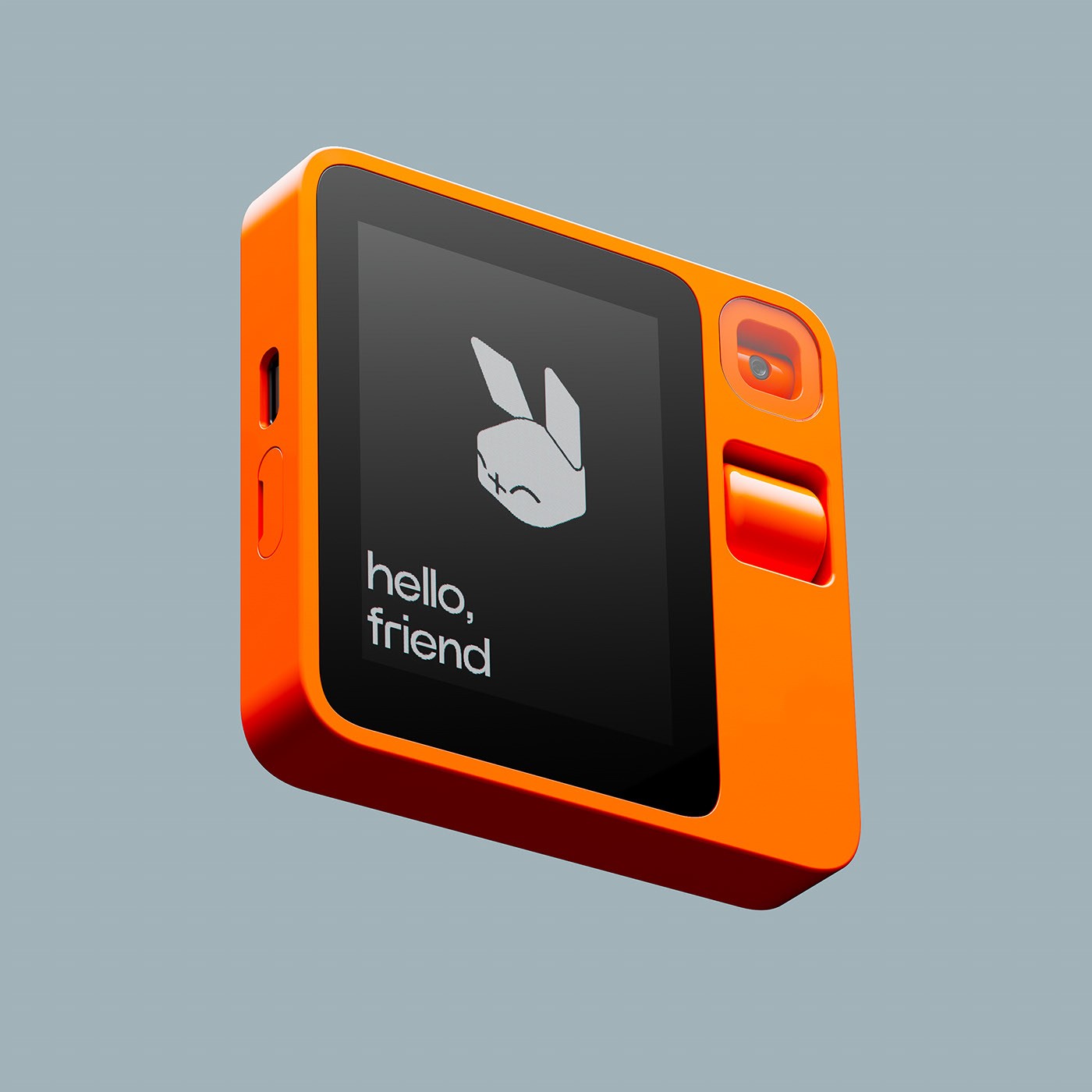 The orange rabbit r1 from the front, with its screen, camera and scroll wheel, on gray-blue.