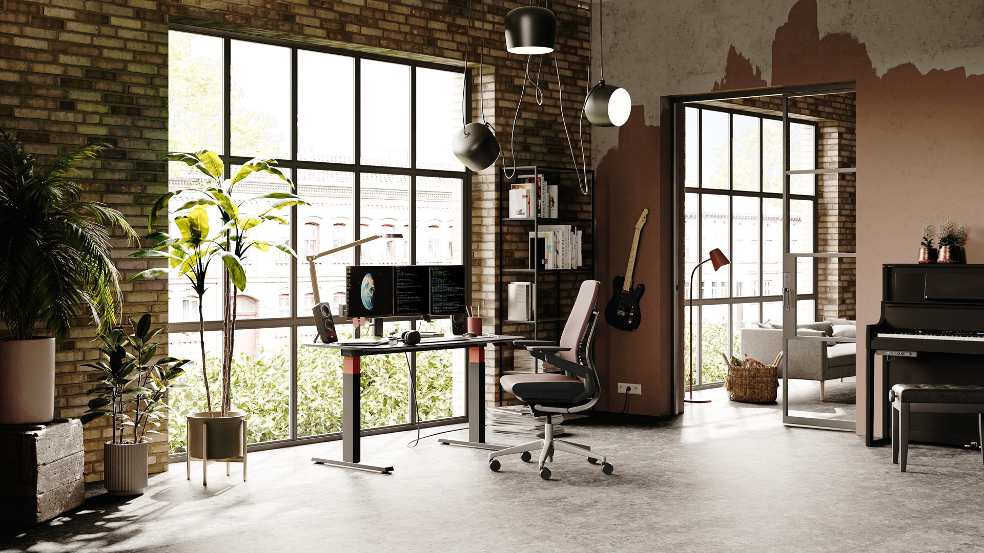 Steelcase desk and office chair in a brick-walled loft with tall windows.