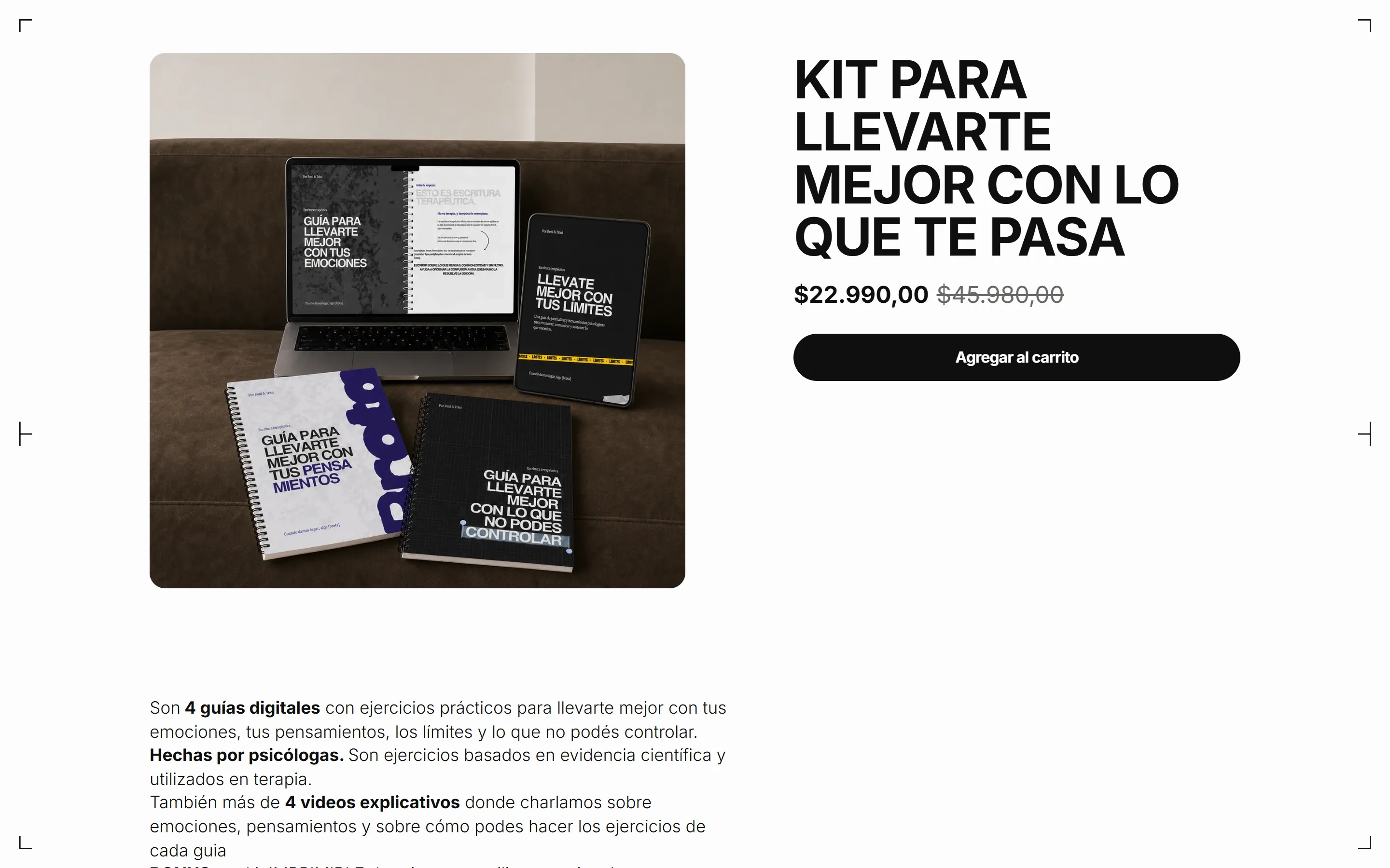 Brota product page on desktop: the kit’s printed and digital guides on a sofa, the sale price and the add-to-cart button.