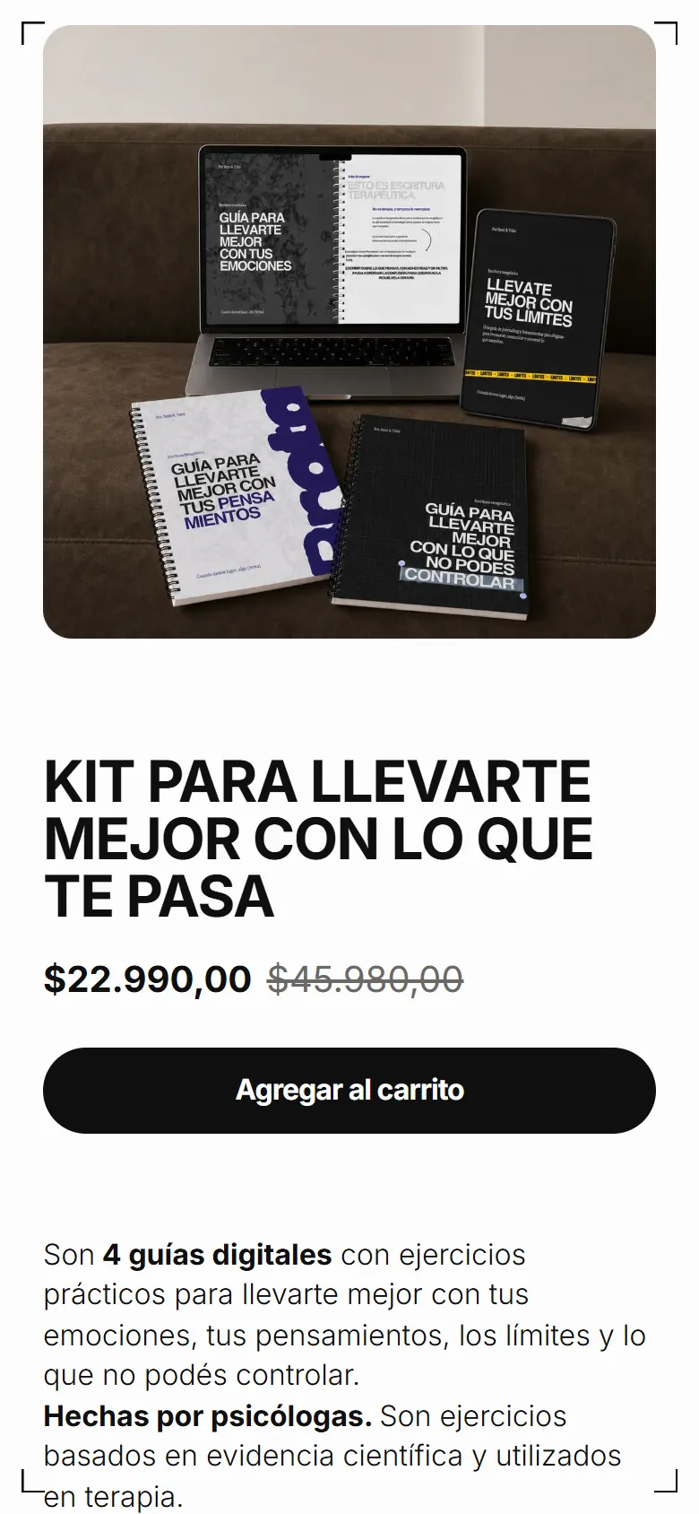 The guide’s product page on a phone: the kit’s four guides, its title, the sale price and the add-to-cart button.