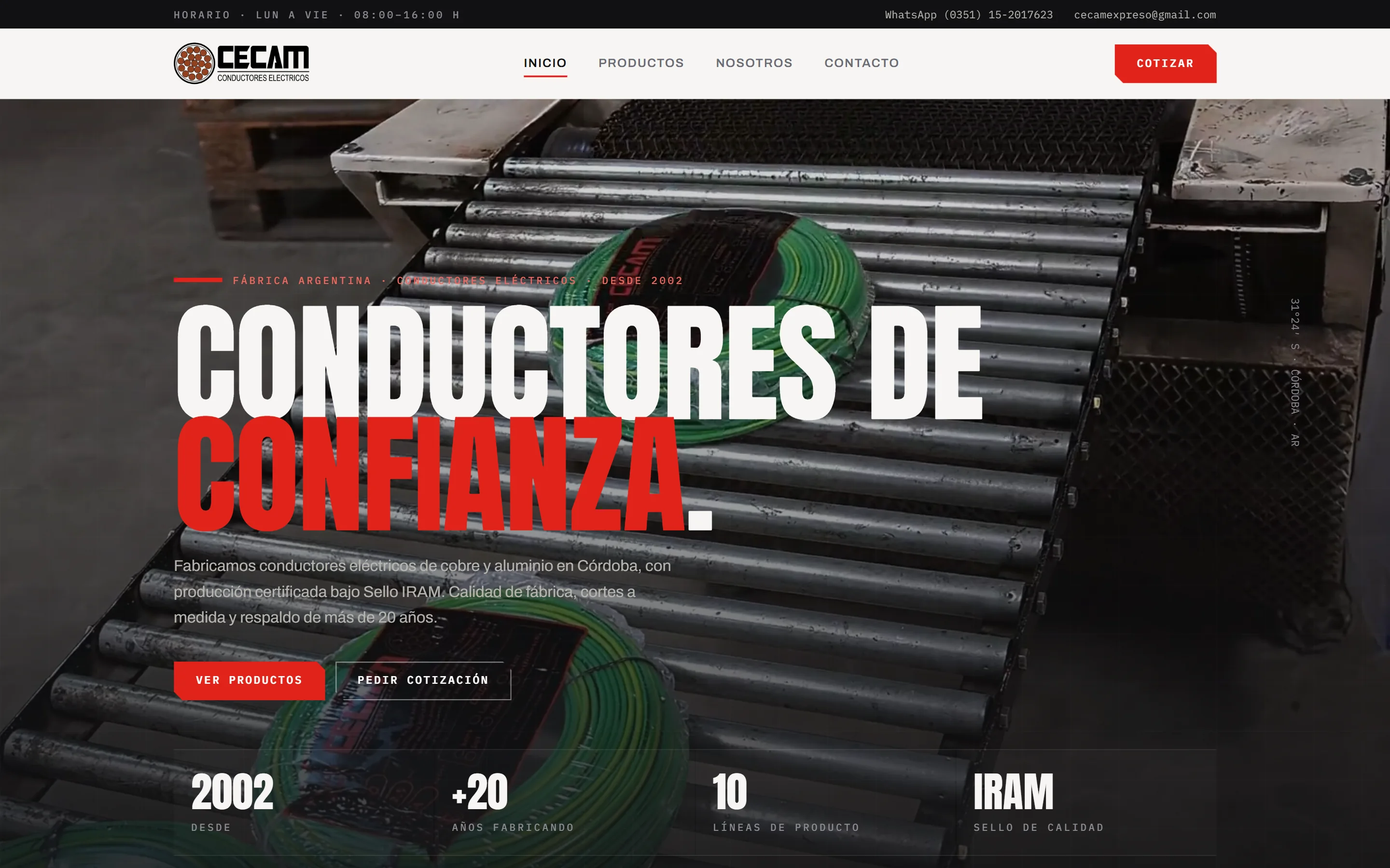 CECAM home page on desktop: “Conductores de confianza.” with buttons to see the products and request a quote, and the figures 2002, +20, 10 and IRAM, over a conveyor with reels of cable.