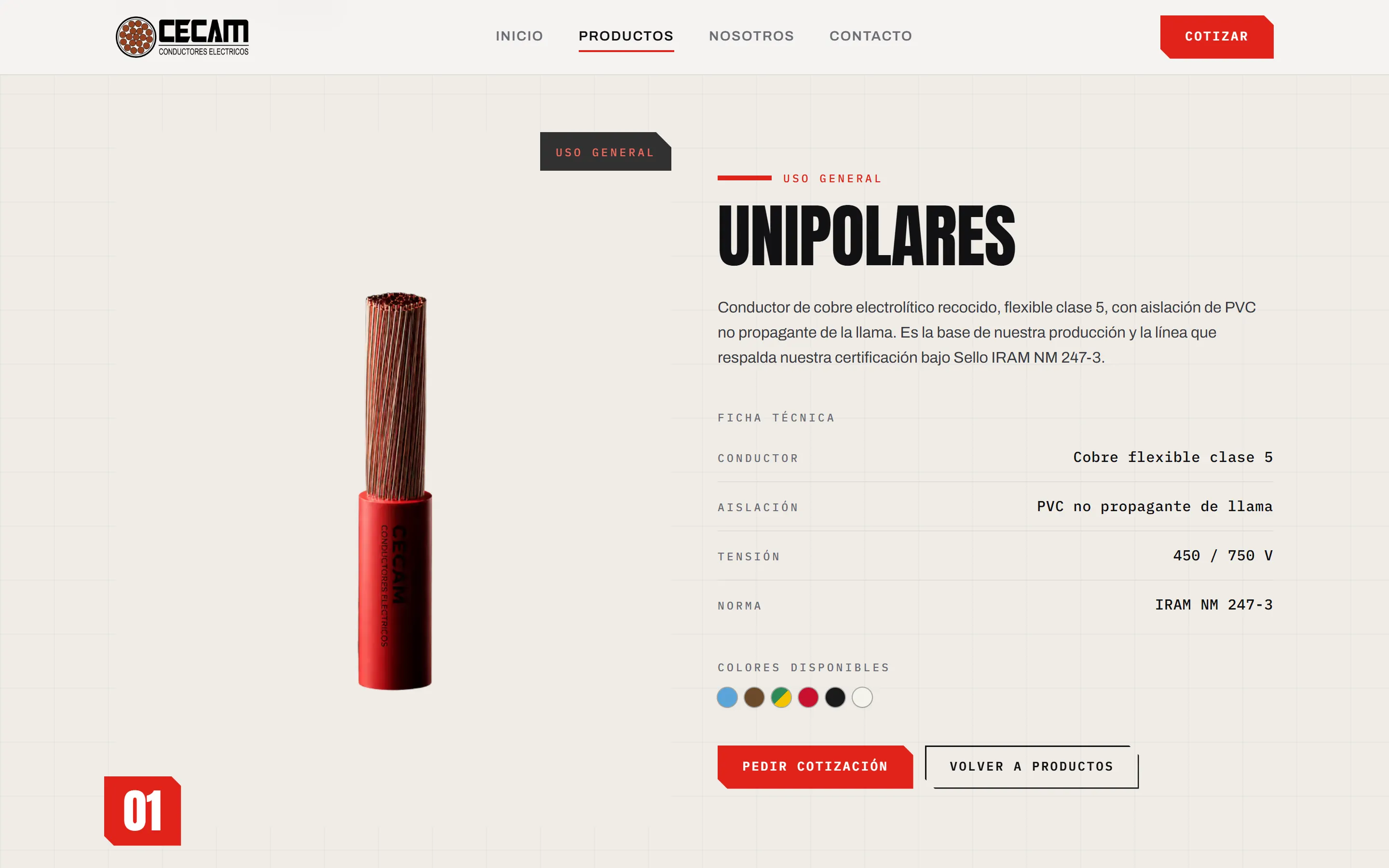 The Unipolares page on desktop: the cable, its technical sheet, the available colors and the quote request button.