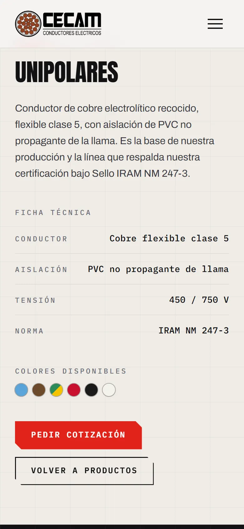 The Unipolares page on a phone: the technical sheet, the available colors and the quote request button.