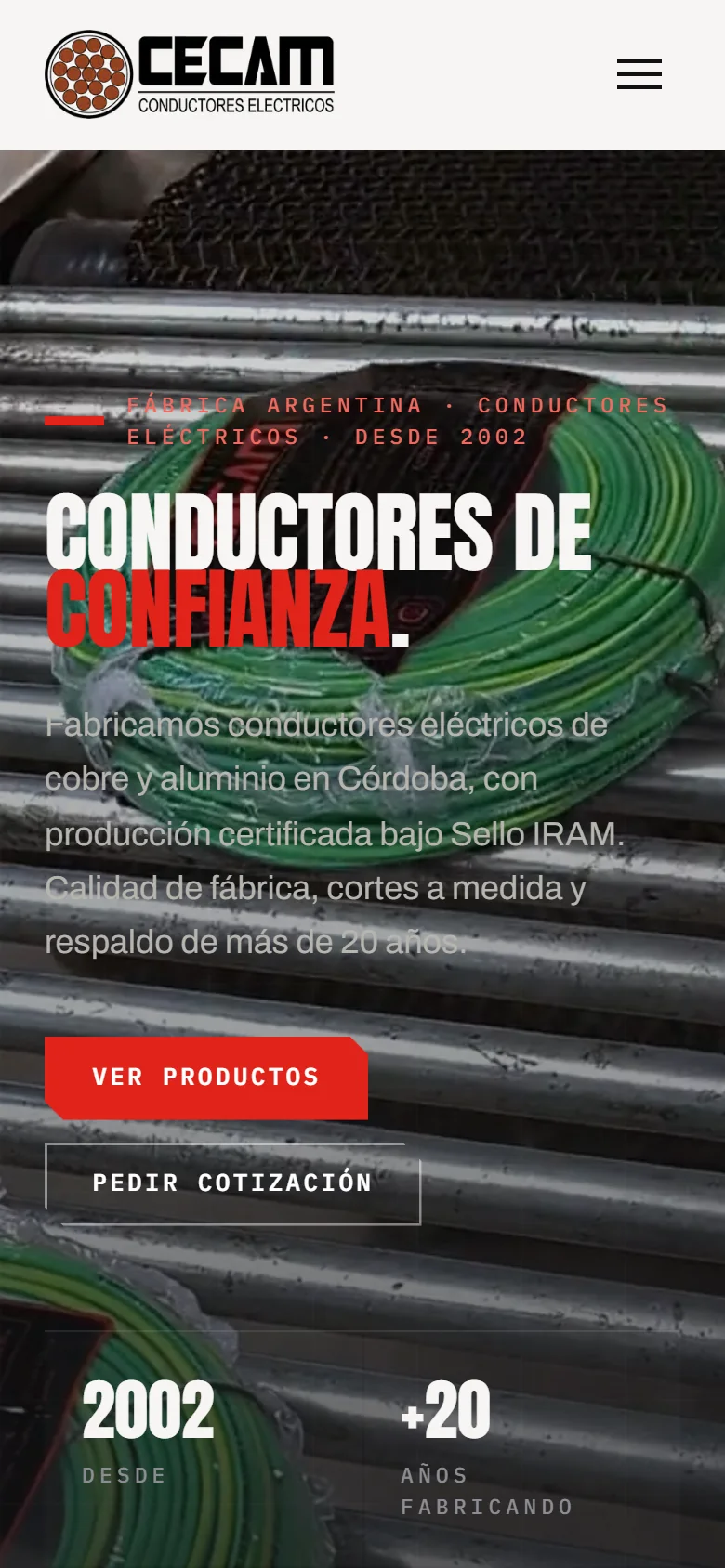 CECAM home page on a phone: “Conductores de confianza.” over a photo of cable reels.