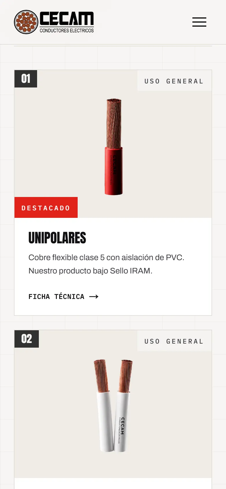 CECAM product catalog on a phone: the Unipolares family card, with its photo, description and a link to the technical sheet.