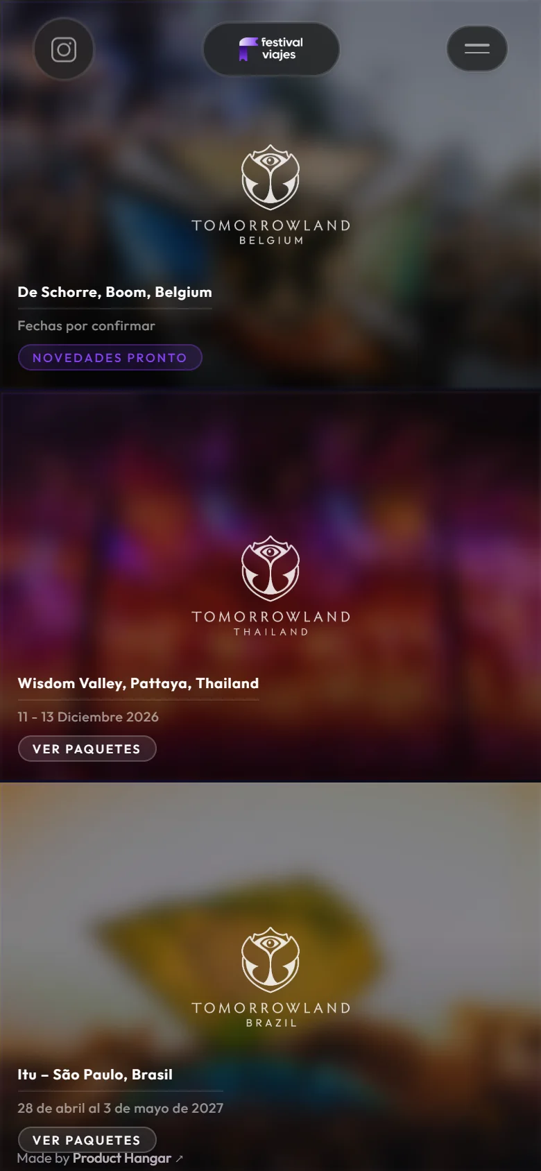 Festival Viajes home page on a phone: the Tomorrowland Belgium, Thailand and Brazil panels stacked, each with its venue and dates.
