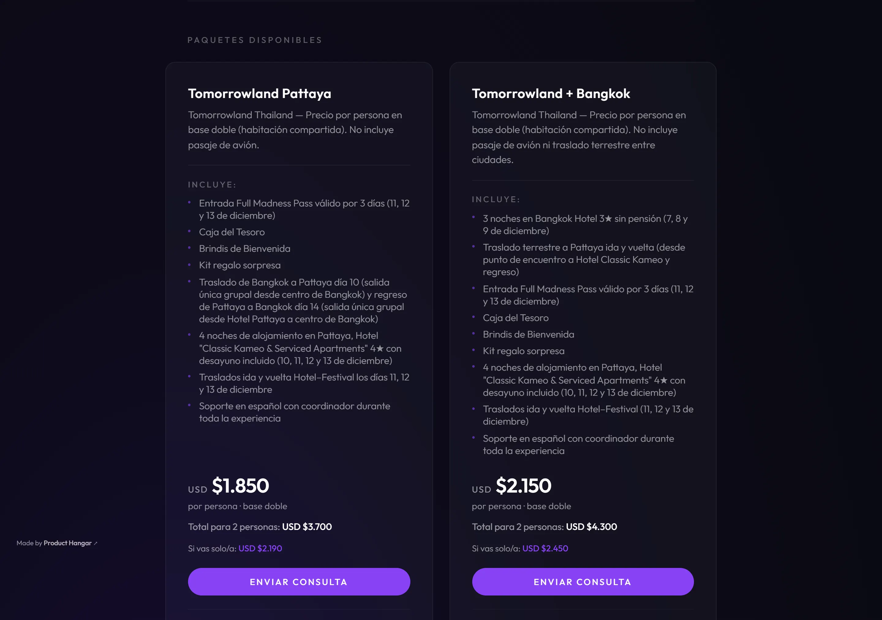 The two packages on the Tomorrowland Thailand page on desktop, each with what it includes, the price per person and an inquiry button.