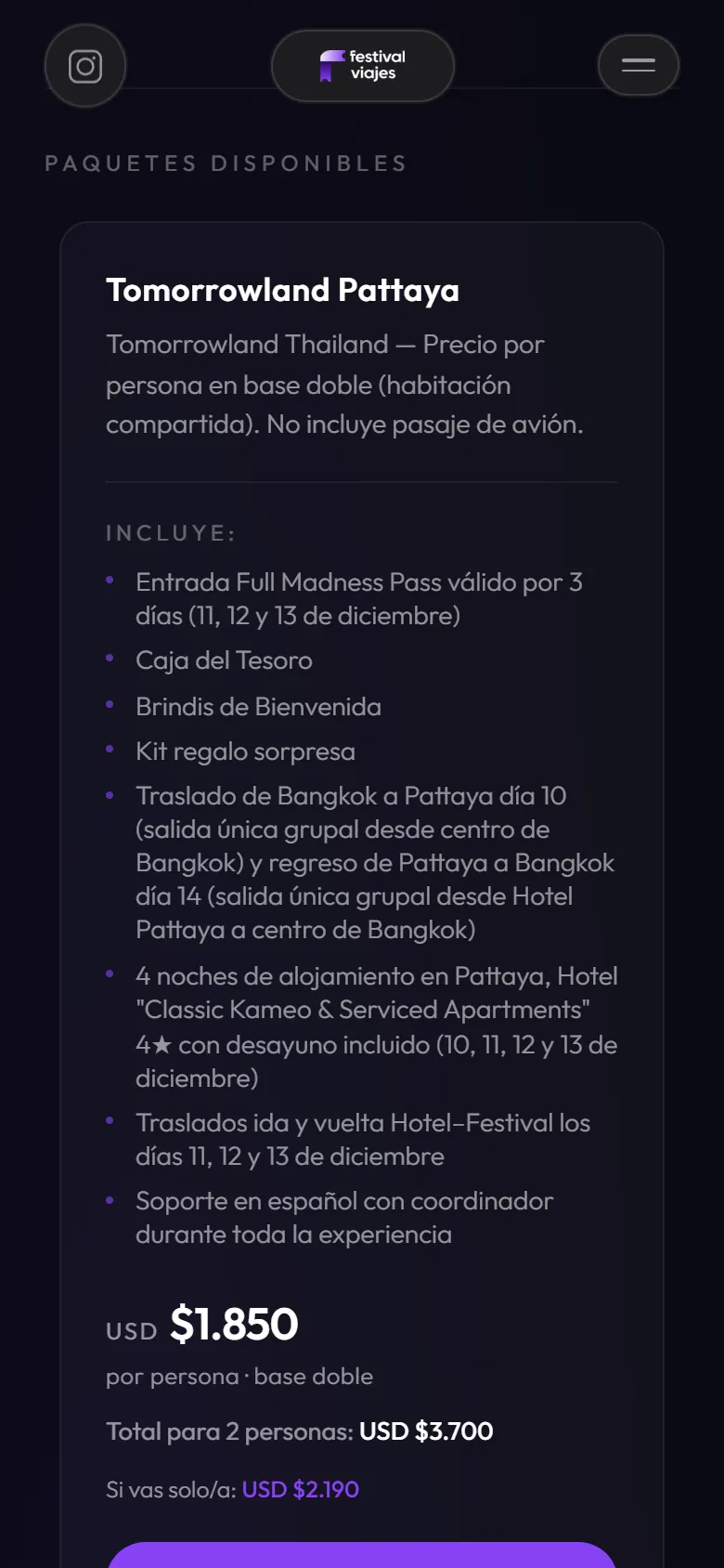 The Tomorrowland Pattaya package on a phone: what it includes and its price per person in US dollars.