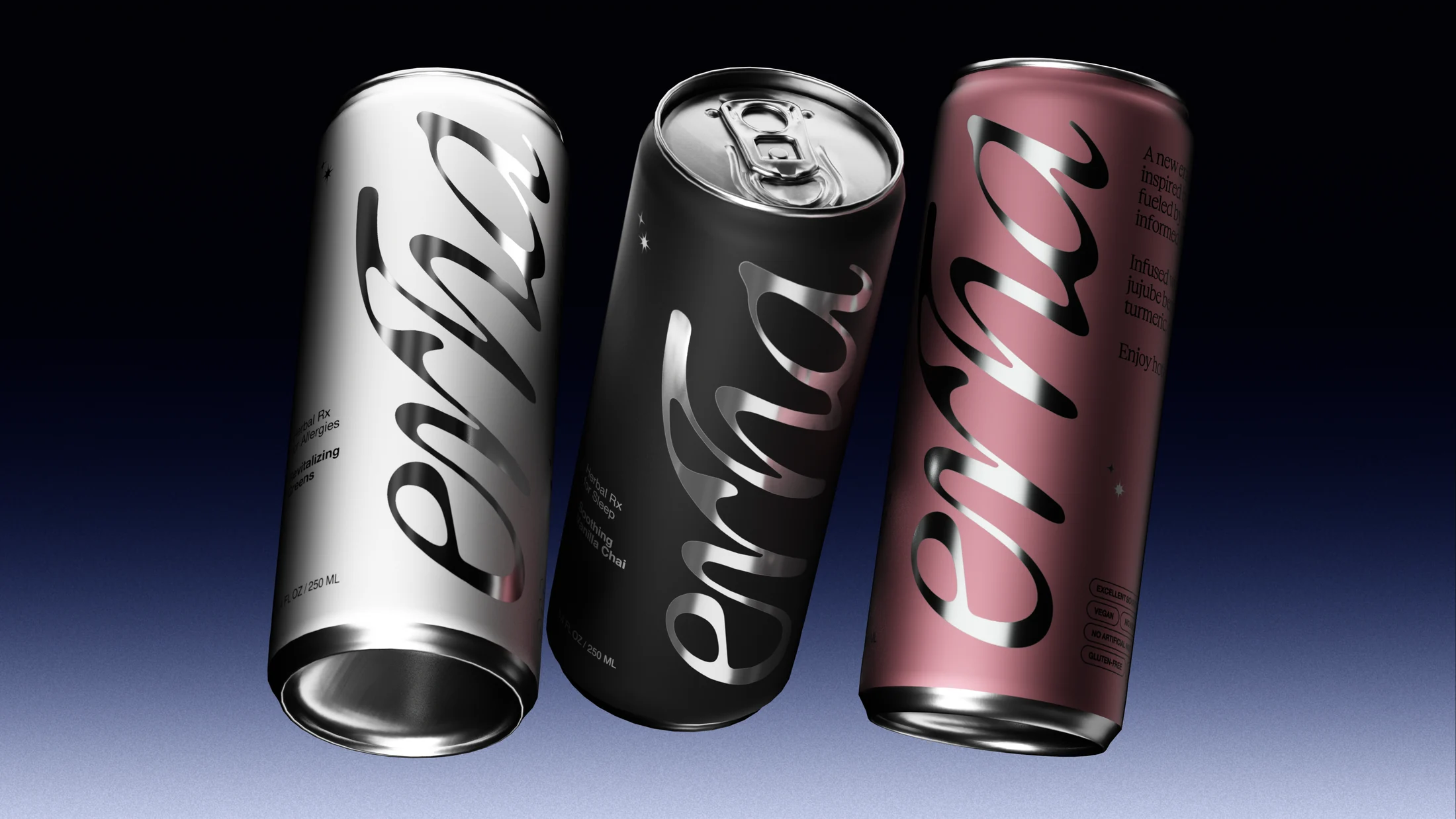 The white, black and pink Erha cans with the chrome Erha script, on a dark blue gradient.