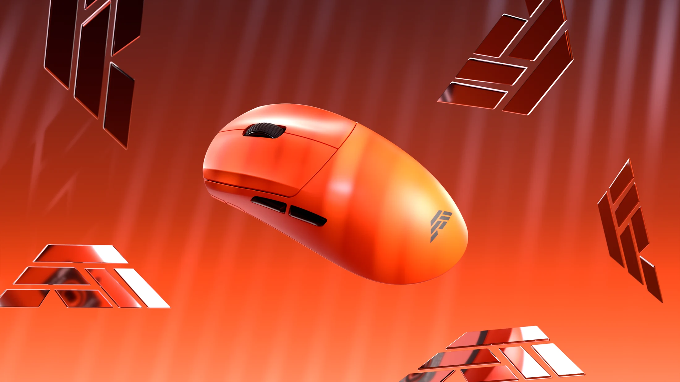 Orange Flick Edge mouse floating among pieces of the Flick logo, on an orange background.