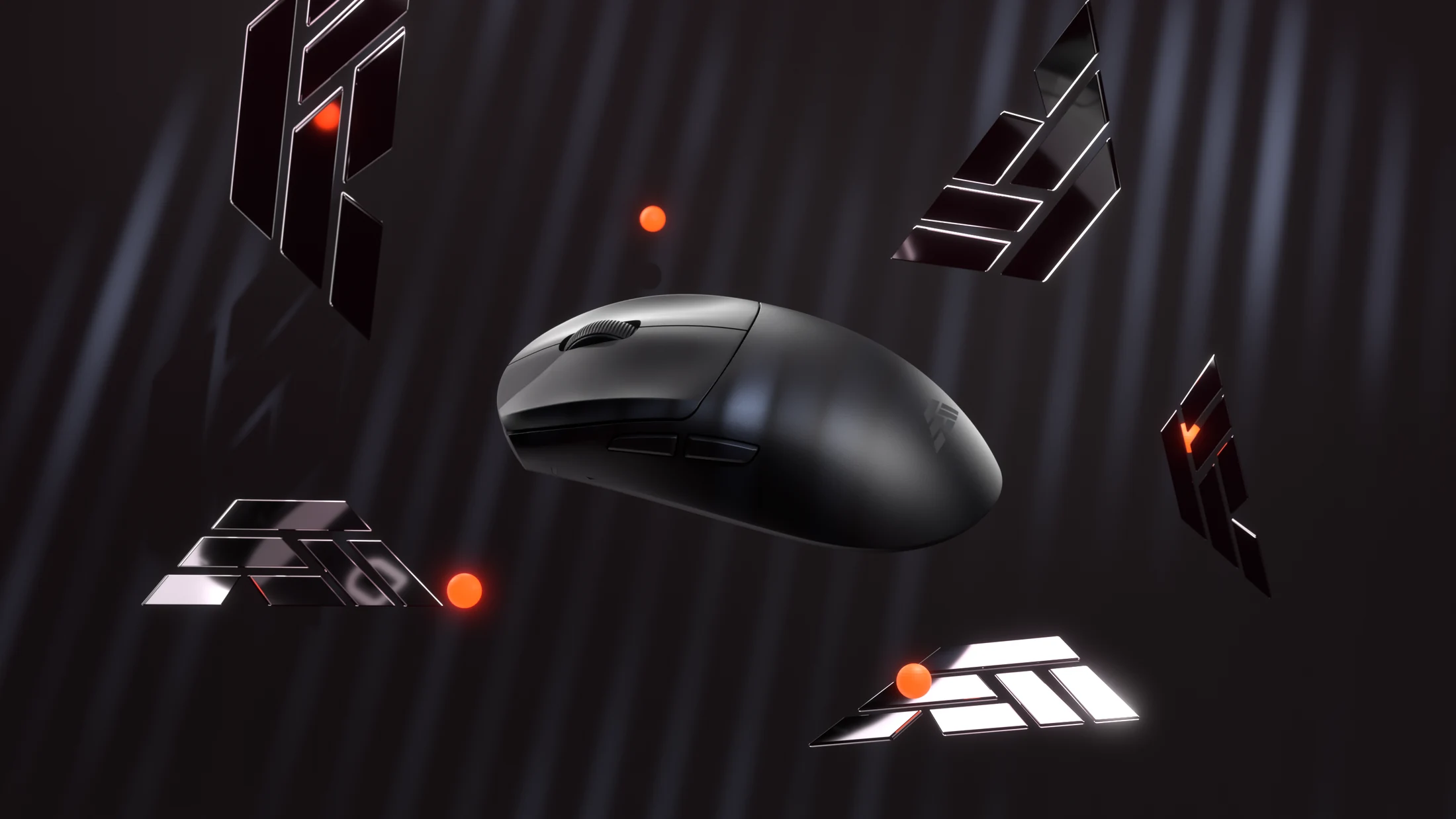 Black Flick Edge mouse among chrome pieces of the Flick logo and small orange spheres.