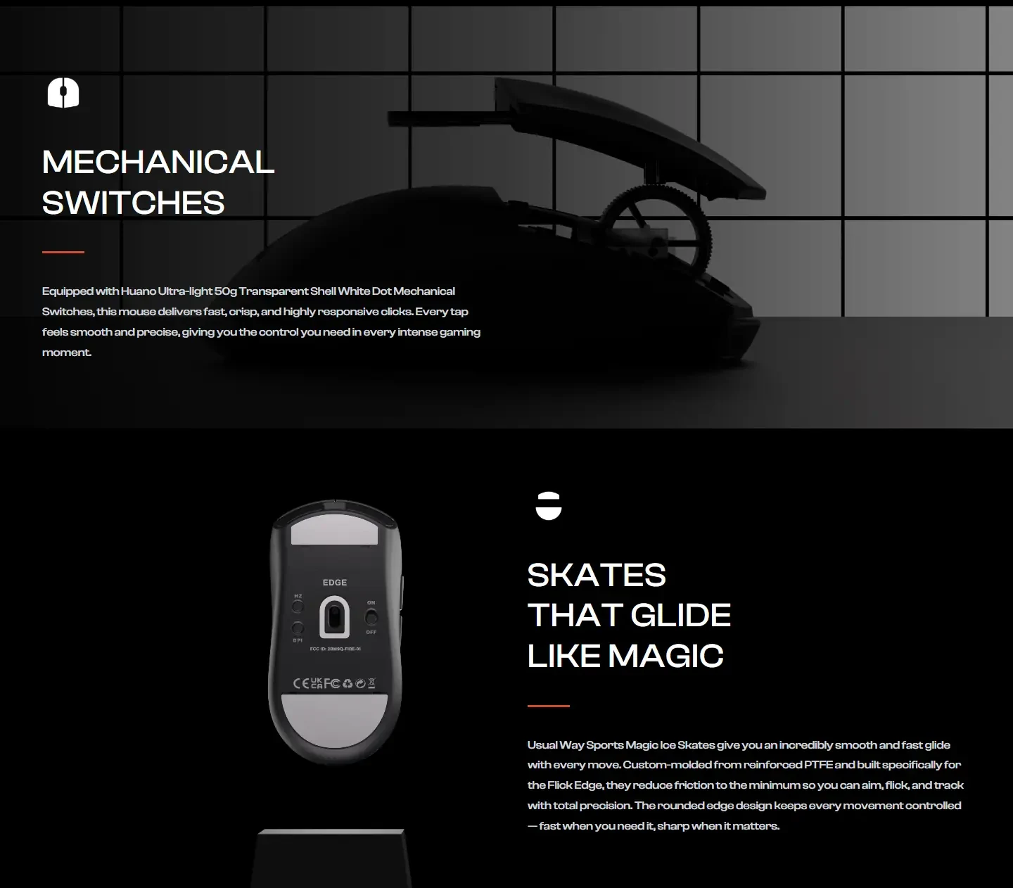 The Flick Edge product page on flickmice.com: the mouse with its shell lifted over the switches, and its underside with the skates.