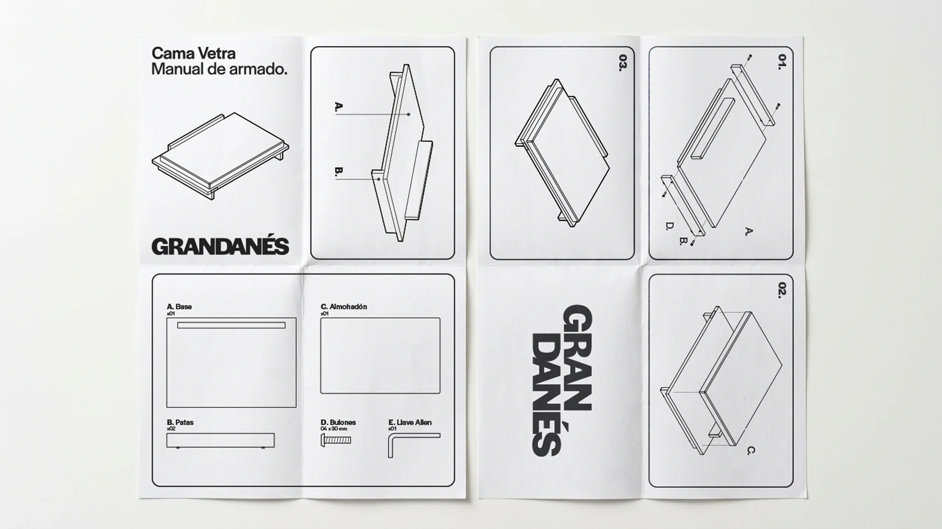Vetra’s assembly manual: a line drawing for each step and the GRANDANÉS logo set vertically.