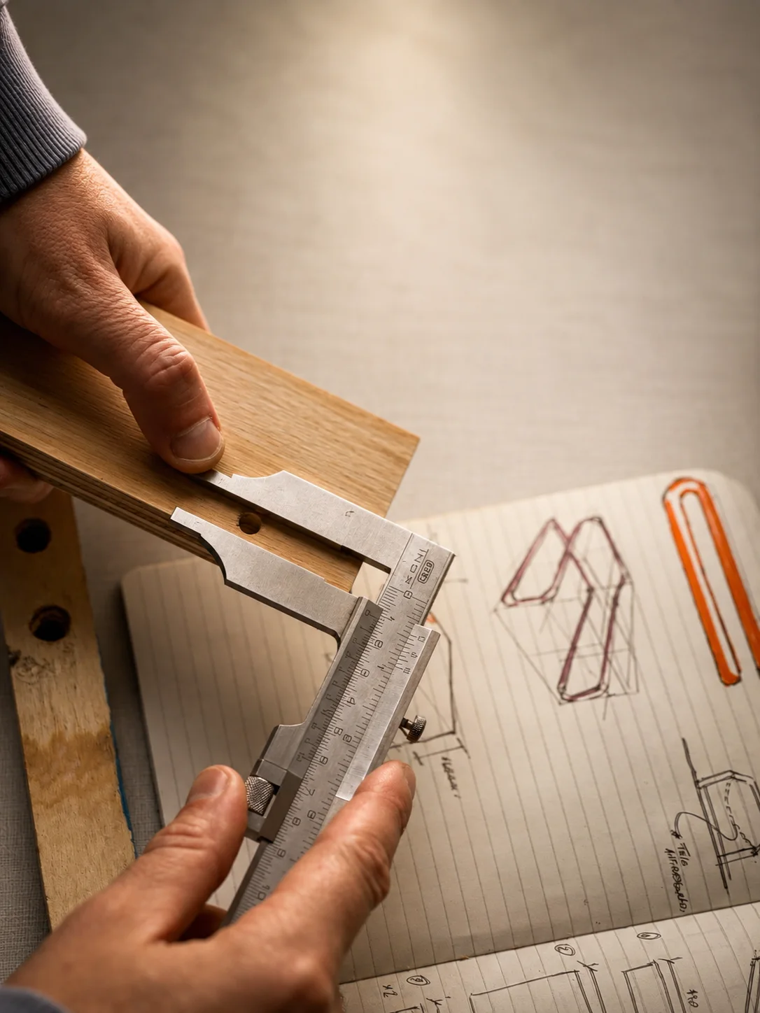 Hands measuring a wooden jig with a caliper, over sketches of the bed.