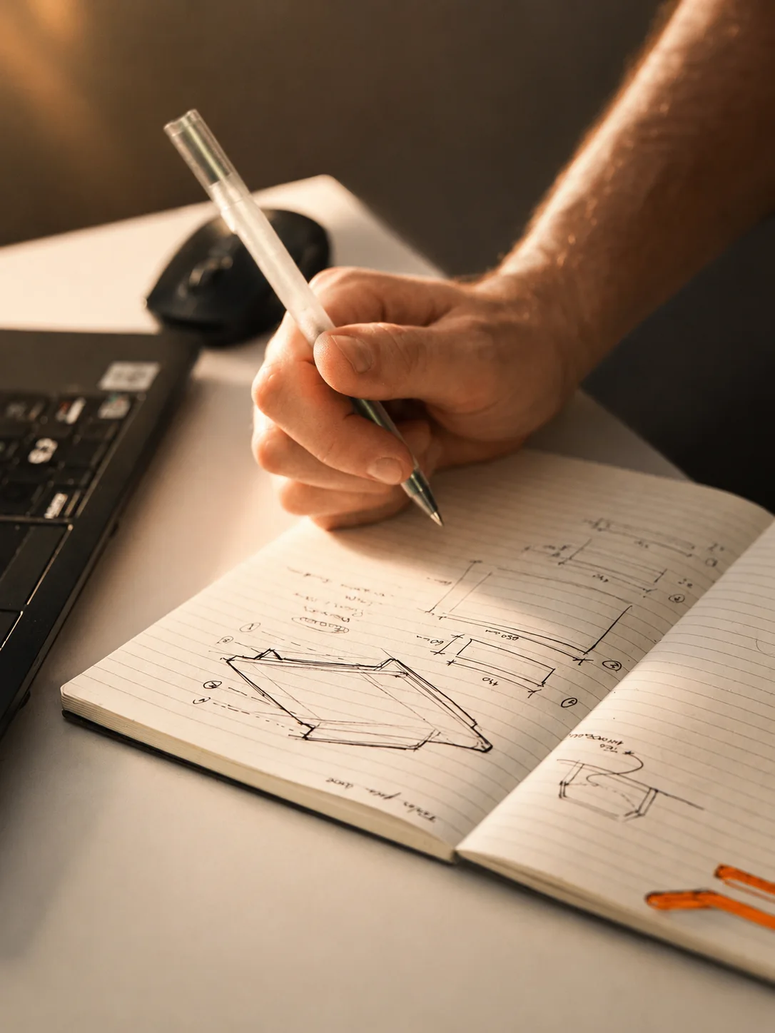 A hand sketching the bed’s parts in a notebook, next to a laptop.