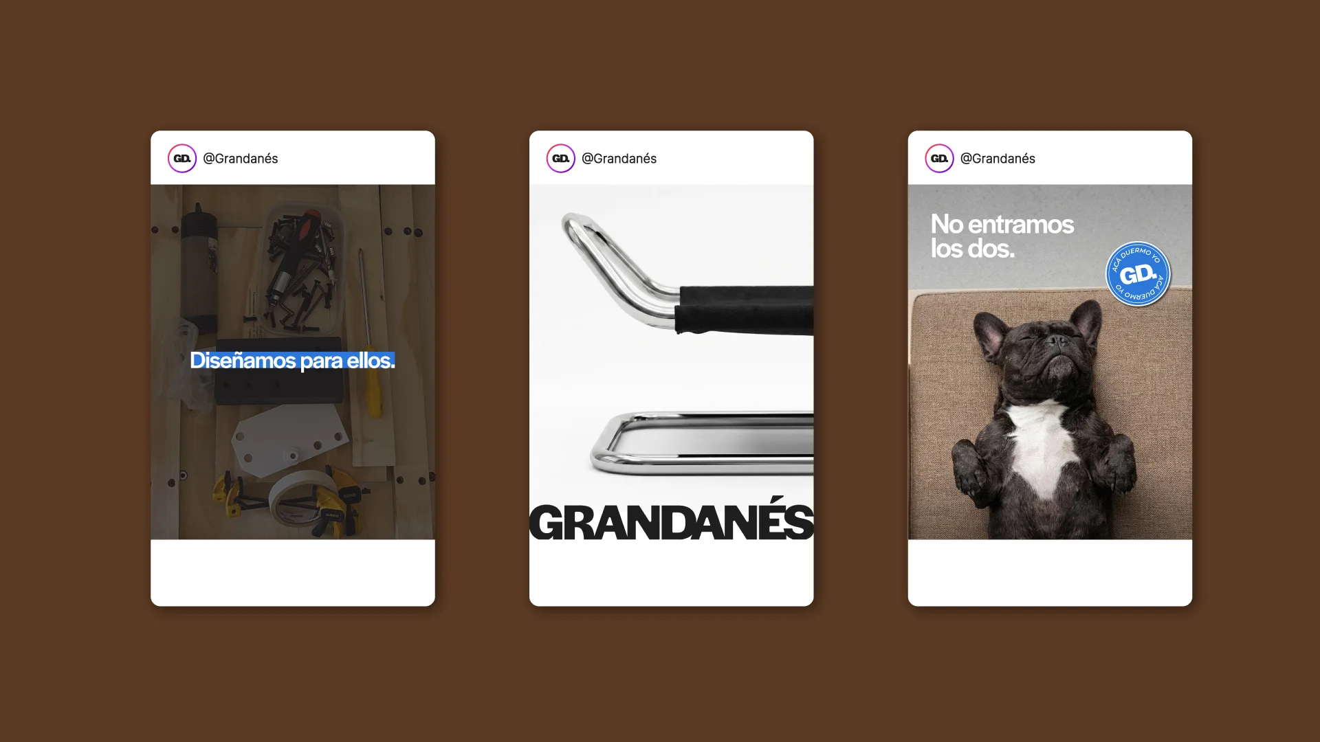 Three Grandanés Instagram posts on brown: “Diseñamos para ellos.”, a chrome bed frame and a French bulldog.