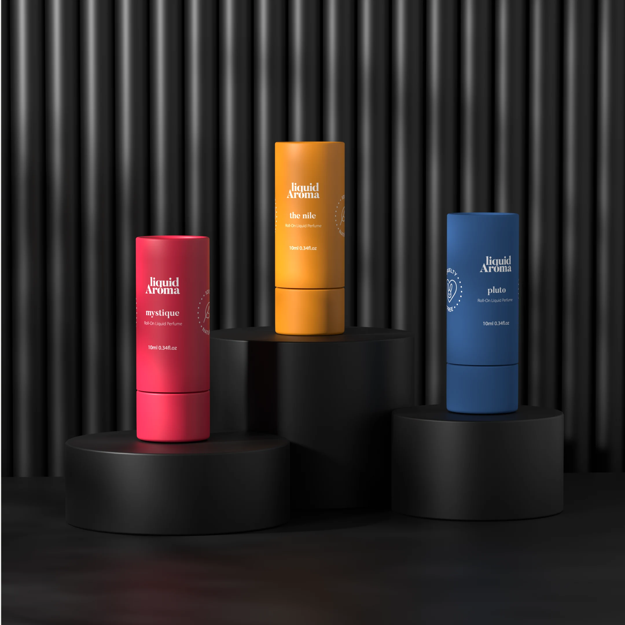 Red, orange and blue tubes on black plinths against a dark ribbed wall.