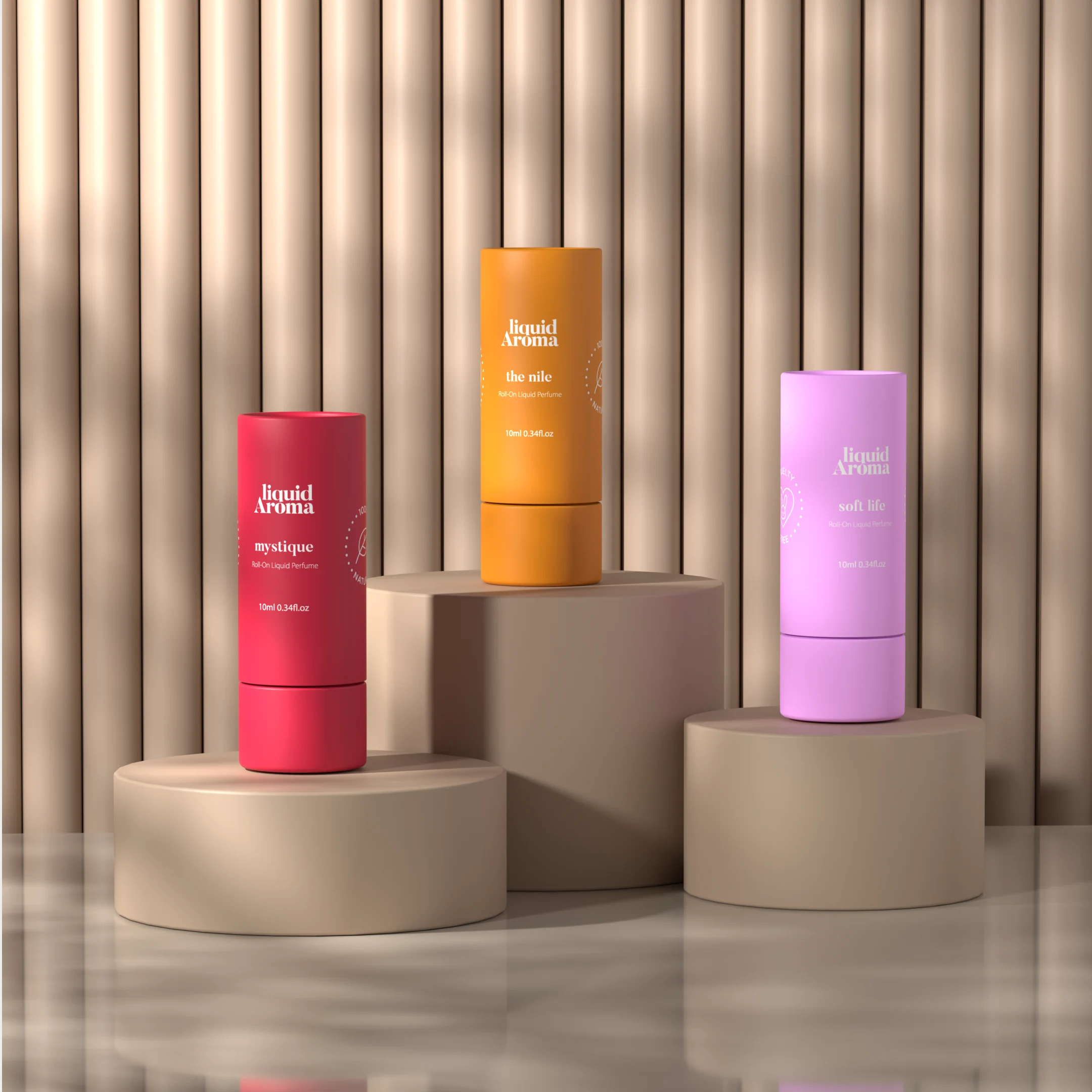 Red, orange and pink tubes on beige plinths against a light ribbed wall.