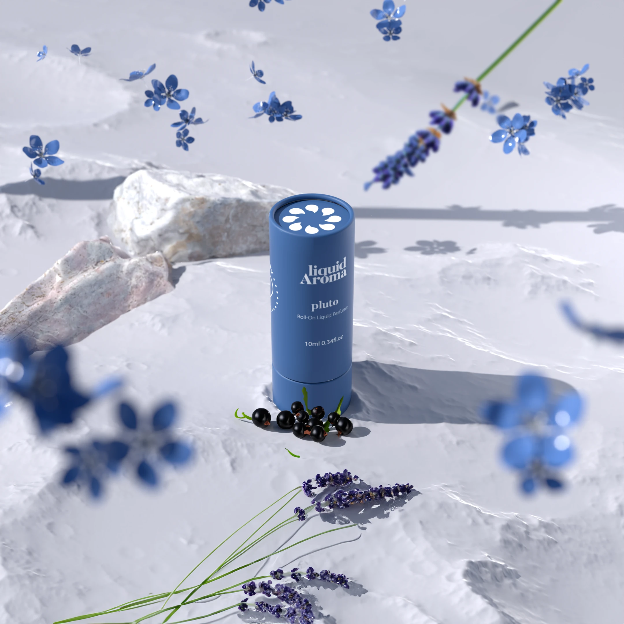 The blue Pluto tube on a white stone set with blue flowers, lavender and blackcurrants.