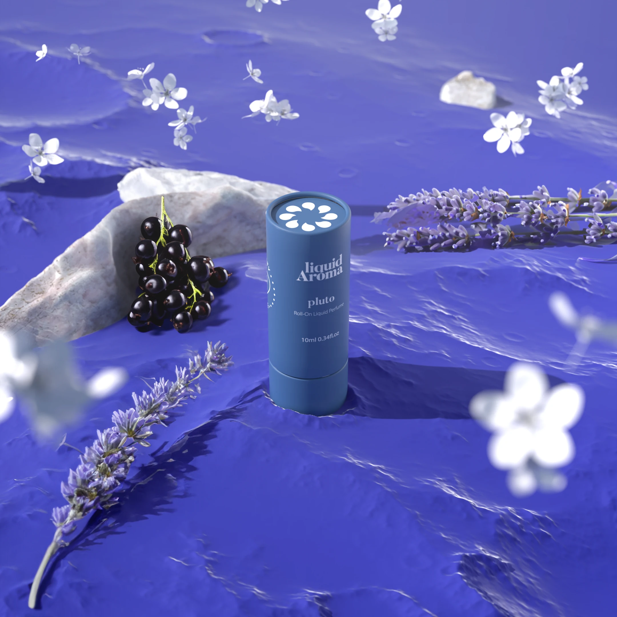 The blue Pluto tube on a violet set with lavender, blackcurrants and white flowers.
