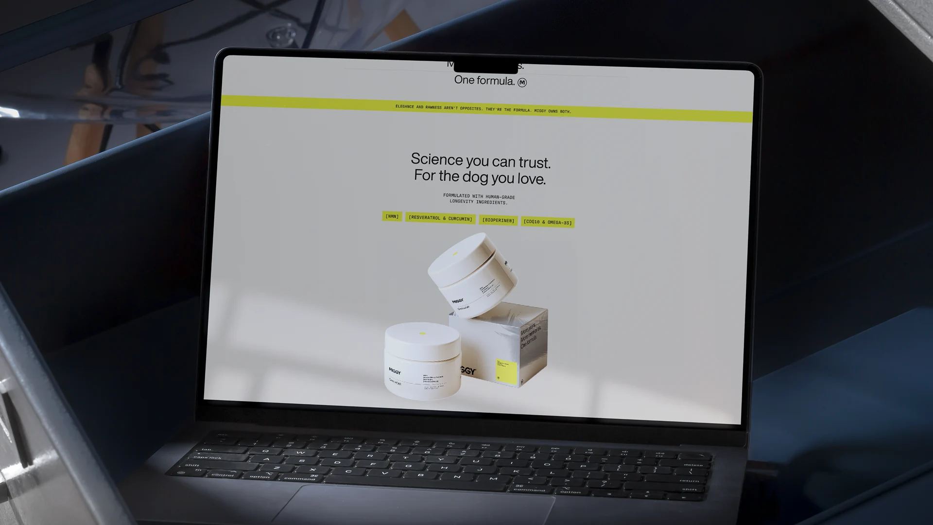 A laptop showing the getmiggy.com home page: “Science you can trust. For the dog you love.”
