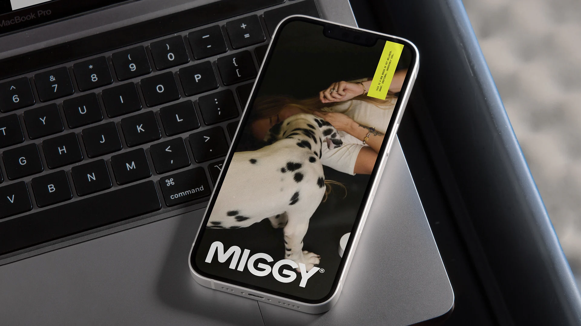 A phone resting on a laptop, its screen showing a Dalmatian puppy under the MIGGY logo.