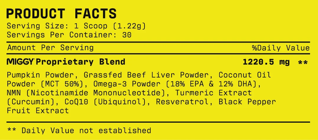 The product facts panel from the MIGGY label, set in the brand mono on yellow