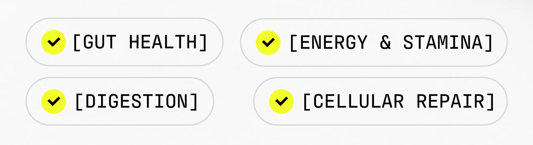 Benefit tags in brackets with yellow checks: gut health, energy and stamina, digestion, cellular repair